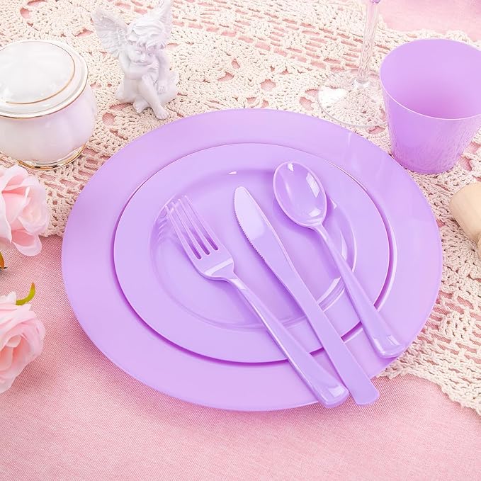 KIRE 150 PCS Purple Plastic Plates - Purple Dinnerware Set Disposable 25 Dinner & 25 Salad Plates 25Forks 25Knives 25Spoons 25Clear Cups for Birthday/Baby Shower/Easter/Spring