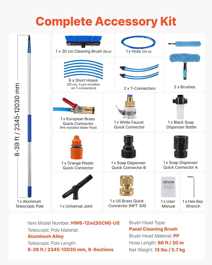 VEVOR Solar Panel Cleaning Kit, 39 ft, Water Fed Pole Kit with Cleaning Brush, Soap Dispenser, Extendable Aluminum Telescopic Pole, 180° Rotatable Brush Head, for Roof Mounted Solar Panels, Windows