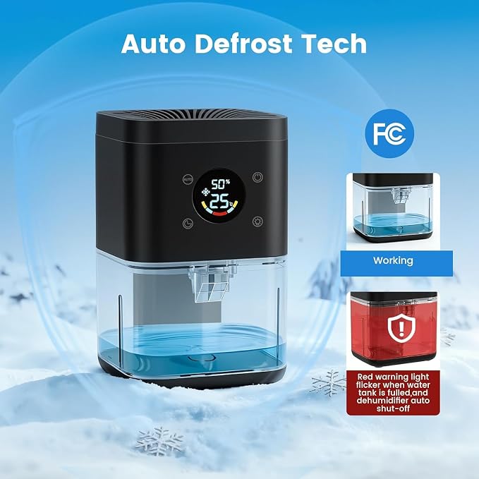 Small Dehumidifier for Bedroom – 63oz 35dB Quiet Auto Dehumidify (60/70%) & Continuous Mode for Bathroom Home Closet RV, Auto Defrost & Auto Shut-Off, 7-Color Light & Timer, Lightweight – Black