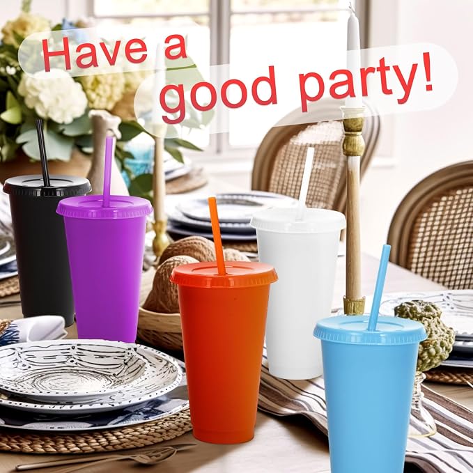 Honeydak 60 Pcs Tumbler with Straw and Lid Bulk Water Bottle Iced Coffee Travel Mug Cup Reusable Plastic Cups for Party Birthdays 24-27 oz (Solid Color)