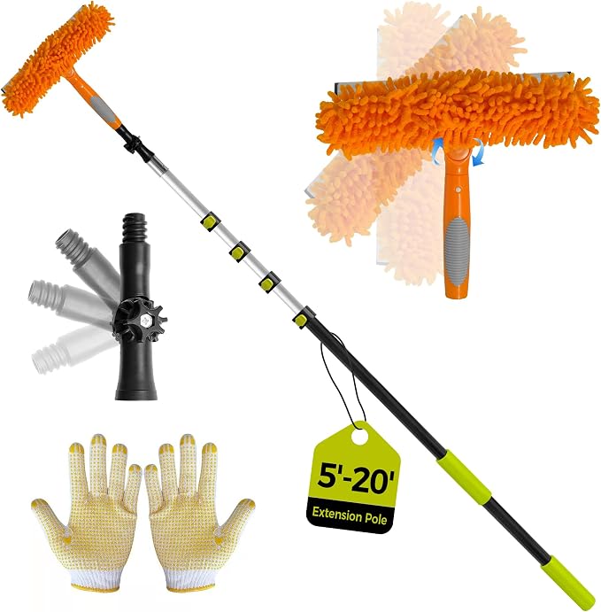 20 Feet High Reach Window Squeegee with 5-20Ft Extension Pole, Window Cleaner Tool with 5-Stage Telescoping Pole, Window Cleaning Kit with Rotatable Head