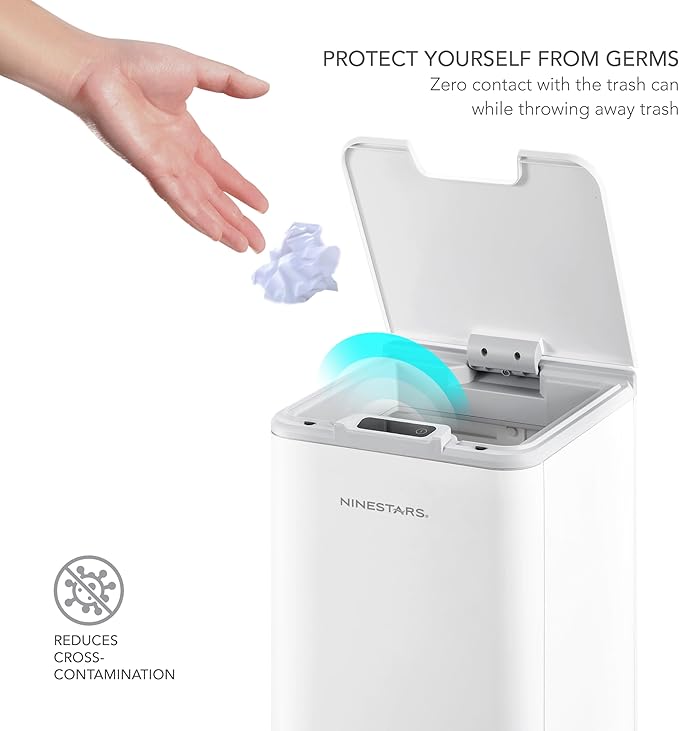 NINIESTARS DZT-10-35, 2.6 GAL / 10L, White Plastic, Square Shape, Motion Sensor Trash CAN