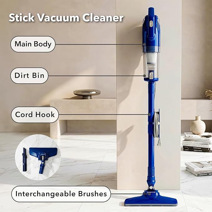 OVENTE Corded Stick Vacuum Cleaner, 2-in-1 Lightweight Bagless Vacuum Cleaner with 450W Motor, 14Kpa Powerful Suction and Washable Filter for Home, Car, Pet Hair, Carpet and Hard Floor, Blue STV345BLS