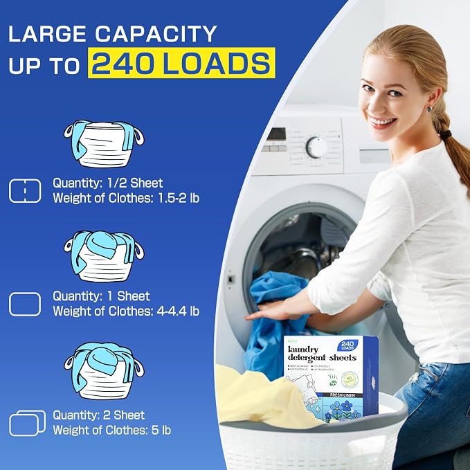 Soulink Laundry Detergent Sheets Fresh Linen Scent 240 Loads，Eco Friendly Detergent Strips for Travel & Home - No Plastic Jug Soap Strips, Plant-based, Hypoallergenic. Safe for Sensitive Skin