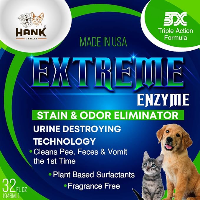 EXTREME ENZYME Stain & Odor Eliminator with Urine Remover. Triple action 2X bio-enzymatic cleaners and plant based surfactants cleans dog and cat waste and pee forever. FRAGRANCE FREE, safe for pets