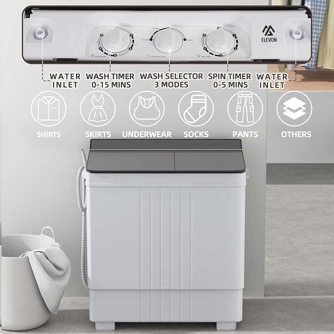 Elevon Portable Washing machine, 20lbs Mini Compact Laundry Washing Machine, Twin Tub 12lbs Washer & 8lbs Spinner, Clothes Washer Machine with Drain Pump for Apartment, Dormitory and RVs