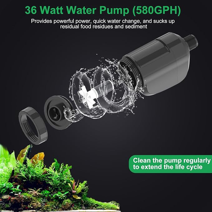 Electric Aquarium Gravel Cleaner with Strong Suction, Adjustable Water Flow, Auto Water Change & Sand Wash & Algae Remover, Low Water Level, 1.5m Hose & Telescopic Tube (36W, 580GPH)