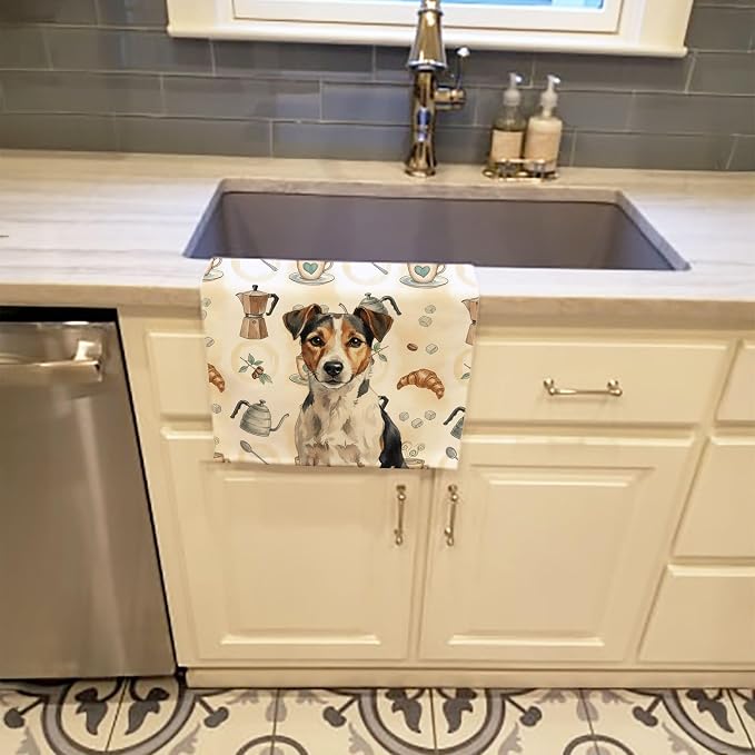Caroline's Treasures Tricolor Russell Terrier Coffee Bar Kitchen Towel Velour Plush Front and Cotton Loop Back Machine Washable