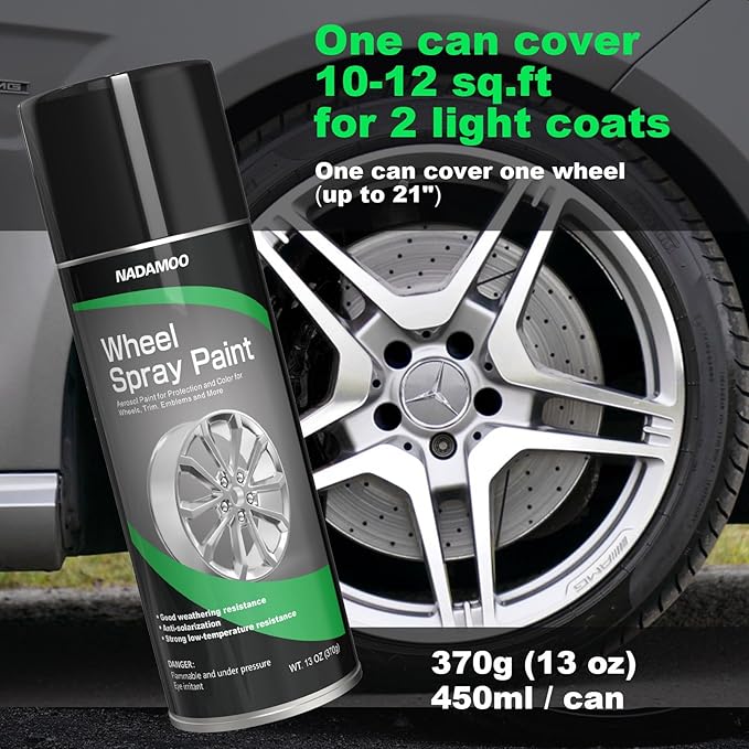 NADAMOO Aluminum Wheel Spray Paint, Semi-gloss Aerosol Car Rim Paint for Recolor and Protection of Metal Surface, Silver, 1 Can, 13 Oz