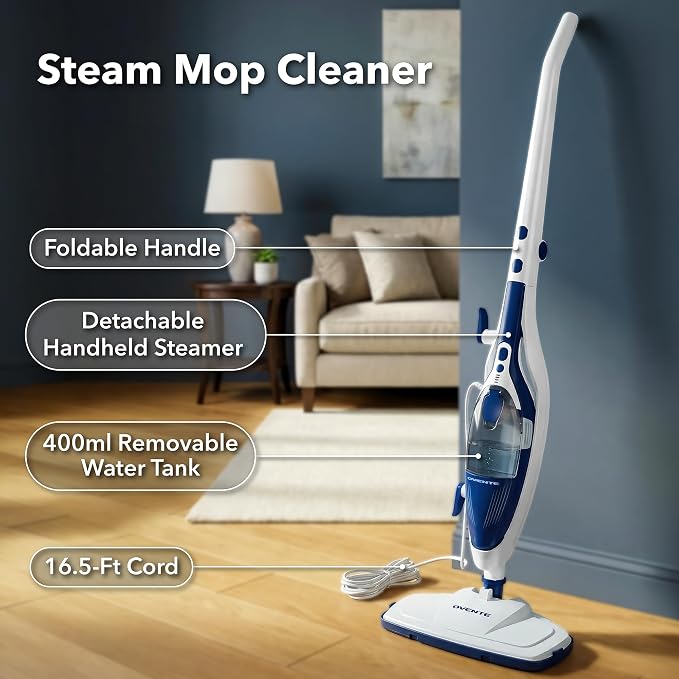 OVENTE 10-in-1 Steam Mop with Detachable Handheld Steamer, Foldable Handle and 400ml Removable Water Tank, MultiPurpose Home Cleaner for Tile Grout, Hardwood Floors, Carpet and Furniture, Blue ST505BL