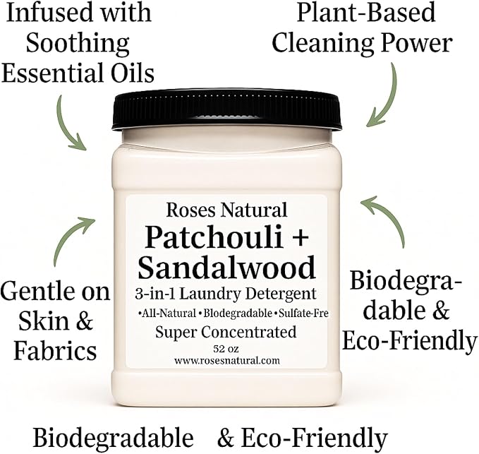 Patchouli + Sandalwood 3-in-1 Laundry Detergent Powder, 32 oz – Cleans, Softens & Removes Stains – Super Concentrated, All-Natural, Sulfate-Free, HE Compatible, Made in the USA