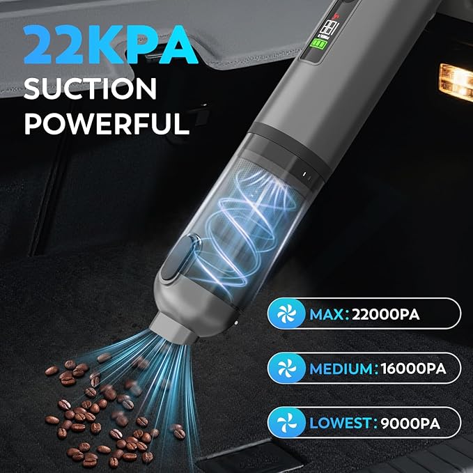 22000Pa High Power Handheld Vacuum Cleaner, 4-in-1 Cordless Car Vacuum & Air Duster with LED Display, USB-C Rechargeable Vacuum for Car Home Office Pet Camping