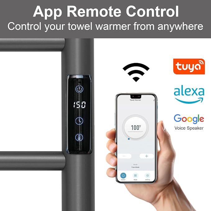 Electric Towel Rack with Voice Control for Alexa & Google Home,TUYA - Wall-Mounted Bathroom Heating Towel Warmer,Plug-in,Stainless Steel Material (Gungrey with WiFi, 6 Bar)