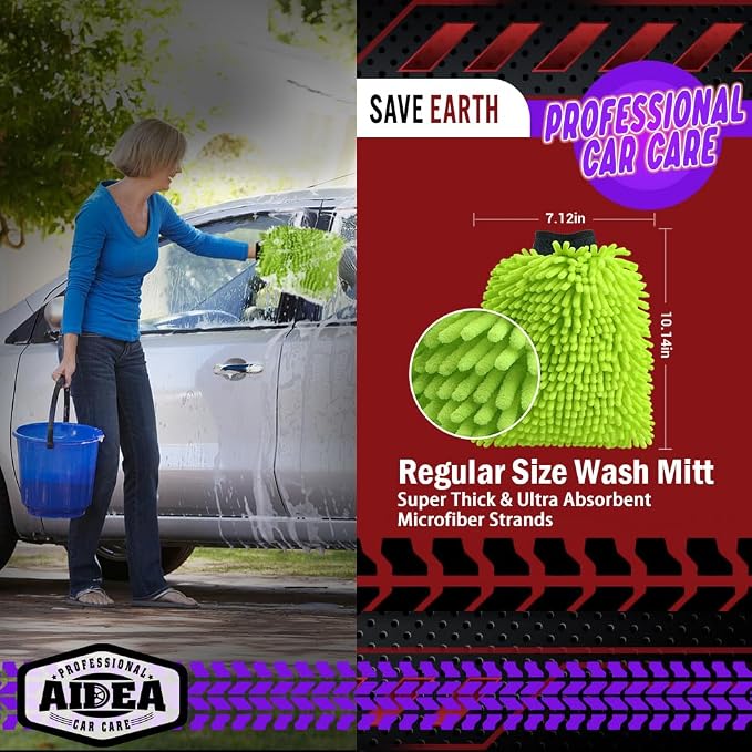 AIDEA Car Wash Mitt Microfiber, 2PK Scratch Free Lint-Free, Premium Chenille Microfiber Mitt Car Wash Brush, Green, Regular Size 7.12''X10.14''