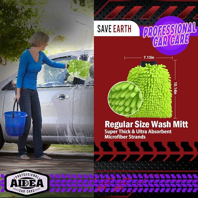 AIDEA Car Wash Mitt Microfiber, 10PK Scratch Free Lint-Free, Premium Chenille Microfiber Mitt Car Wash Brush Cleaning Supplies, Green, Regular Size 7.12''X10.14''