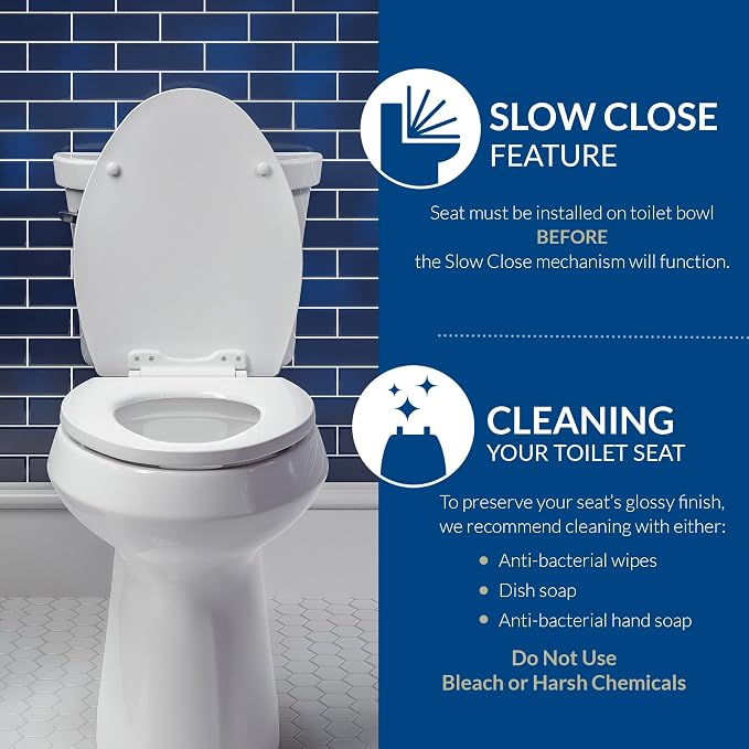 Mayfair Cassel slow close toilet seat, easy clean non-slip premium wood seat, install, made in USA, elongated, white