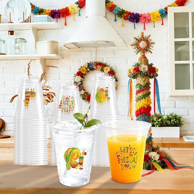 100 Pack Fiesta Plastic Cups 12 oz Mexican Cinco De Mayo Disposable Cups Mexican Party Favor Drinking Beverage Cup for Taco Birthday Hispanic Heritage Month Party Supplies