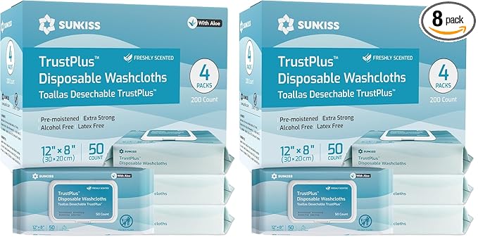 SUNKISS Trustplus Wet Wipes for Adult No Rinse, Extra Large 8”x12” Body Cleaning Washcloths for Elderly Incontinence & Cleansing, Fresh Scented, 200 Count (8 Packs of 50)