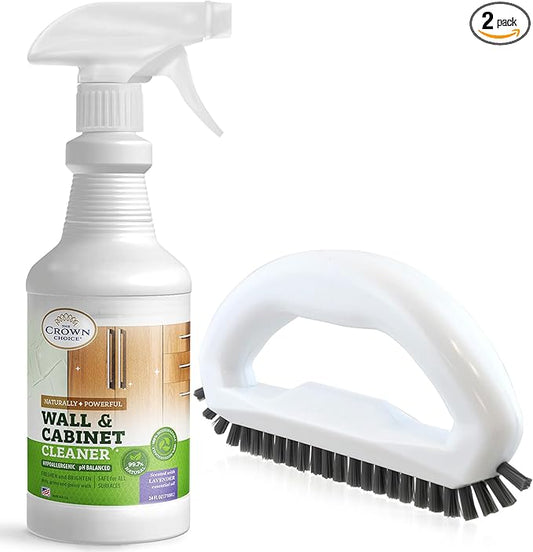 Natural Wall Cleaner (24 oz Stain Removing Spray) & Grout Cleaning Brush with Stiff Nylon Durable Bristles - a perfect combo for cleaning Walls, Bathroom, Kitchen, Tile, Floor, Bathtub, Carpet and man