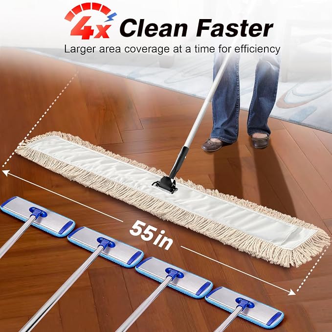 ARTIPOLY Commercial Dust Mop & Floor Sweeper，55" Industrial Dry Mop with Heavy Duty Long Handle, Premium Cotton Dust Mop Head for Hardwood Floors, Industrial, Commercial, and Residential Cleaning