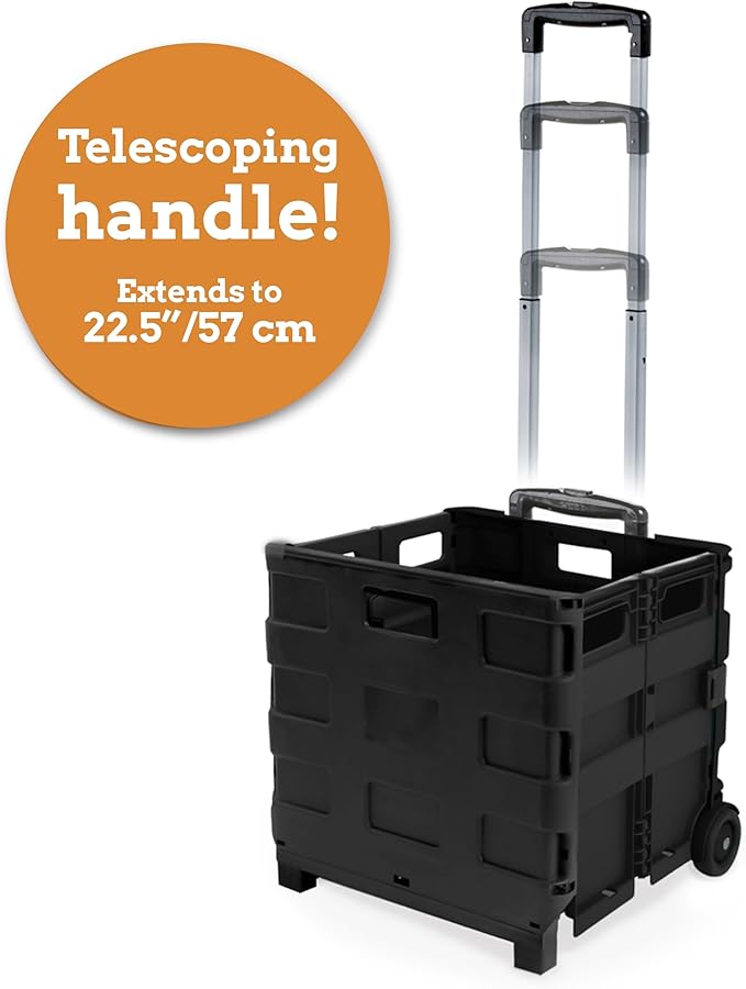 Inspired Living Collapsible Ultra-Slim Pack-N-Roll, 2 Wheel Utility Cart , With Telescopic Handle - Super Strong up to 80 Lbs Load Capacity, Black
