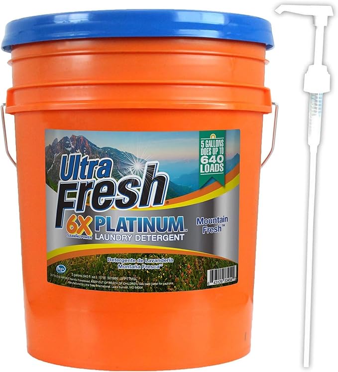 Ultra Fresh 6X Platinum 5 Gal Laundry Detergent, Mountain Fresh Bundled with 2 Pack Platinum 6X Laundry Detergent Sheets with Fresh Scent