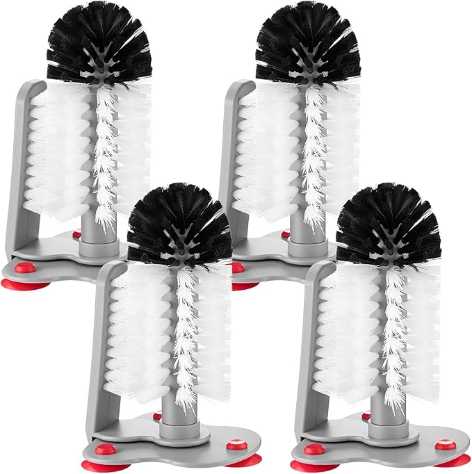 LemonRoad 4 Pack Cup Washer Brush for Sink, 7.48" x 4.92" x 7.48" Double Bristle Glass Washer with Suction Base, Hands-Free Cup Cleaner for Wine Glasses, Beer Mugs, Tumblers, Kitchen Bar Restaurant