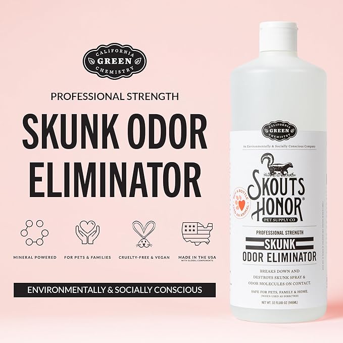 Skout's Honor Skunk Odor Eliminator for Pets, Indoor, and Outdoor Surfaces – Eliminate Skunk Spray Odor, Eco-Friendly, Cruelty-Free Solution for Pets and Surfaces, 32 oz
