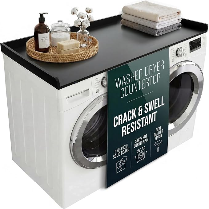 NORTH BLOOM Premium Washer Dryer Countertop 54" W x 27.5" D x 3.1" H, One Solid Base Board Laundry Room Topper with Edge Rails, Washing Machine Top, Painted Finish, Anti-Slip Feet (Black Color)