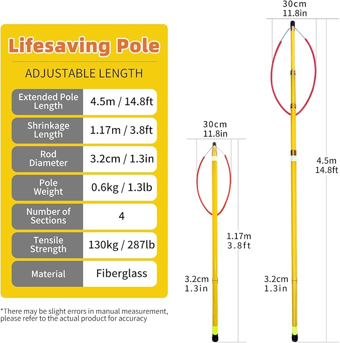 14.8ft Telescopic Pool Rescue Hook | OSHA Water Rescue Pole & Emergency Hook with Night Glow | Fiberglass Pool Safety Pole for Home/Water Parks