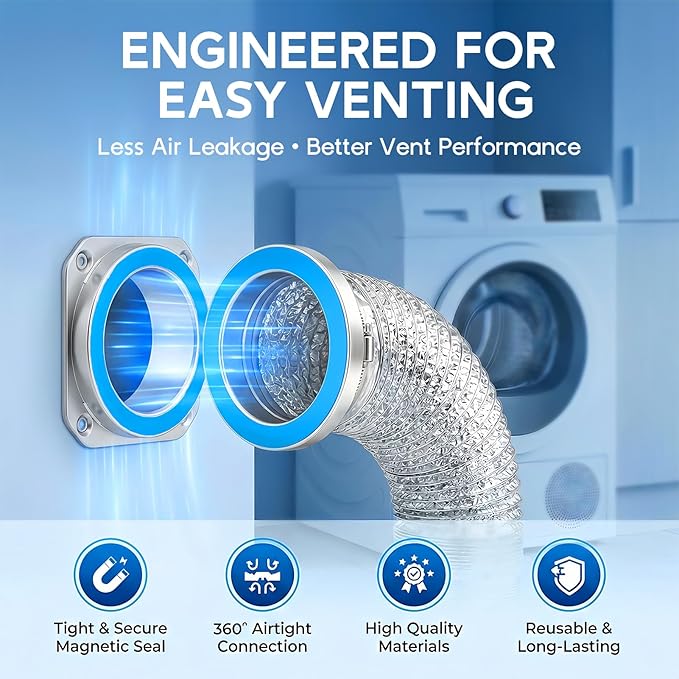 DV180 Magnetic Dryer Vent Coupling Connector Kit, Quick Connection, Airtight Seal, Easy to Clean, Universal Compatibility with Standard 4" Dryer Vent Systems, Includes 2.6ft Hose, 2 Clamps & Foil Tape