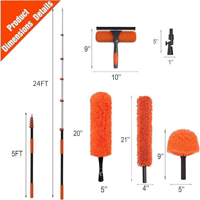 30FT Reach Duster Kit, Window Cleaning with 5-24FT Telescoping Extension Pole, High Ceiling Duster, Microfiber Feather Duster, Cobweb Duster, Window Squeegee, Feather Duster, Extendable Pole Kit