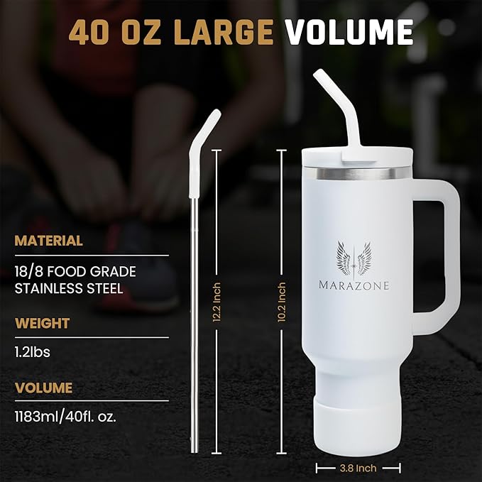 MARAZONE 40oz Stainless Steel Travel Tumbler Cup with Handle, Three-Position Lid, Straw with Silicone Tip, Vacuum Insulated Water Bottle for Hot & Cold Drinks, Great Gifts for Mom, White Dove