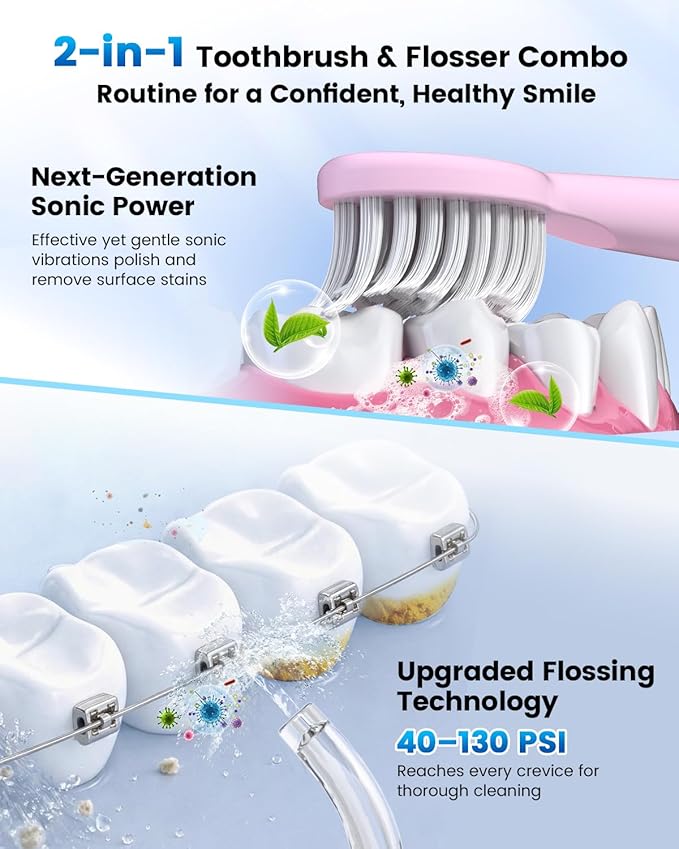 JTF Electric Toothbrush with Water Flosser Combo: 2-in-1 Portable Oral Clean Kit for Effective Yet Gentle Brushing & Flossing, Multiple Modes for Braces & Sensitive Gums Care, Cordless for Home Travel