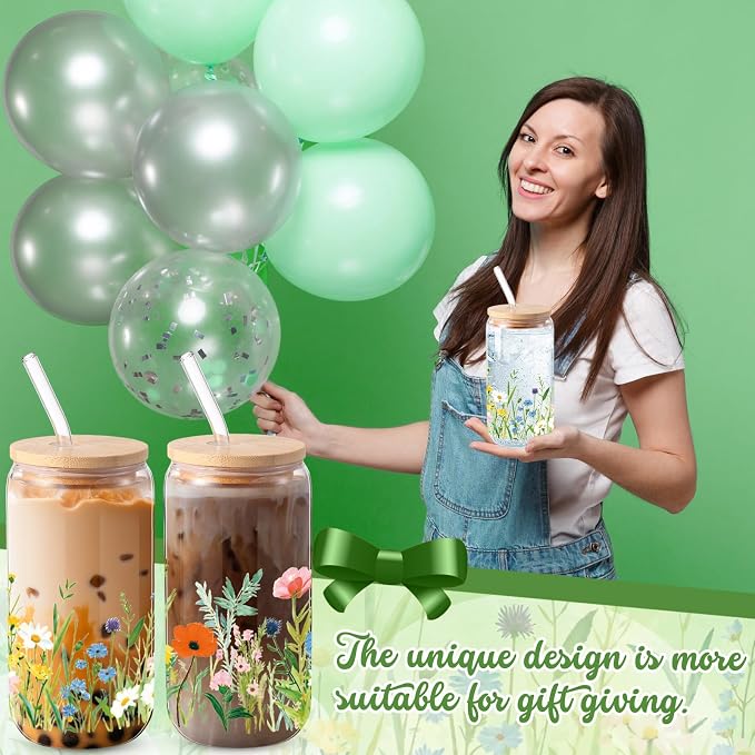 Sliner 2 Pcs Wildflower Glass Cups Floral Drinking Glasses Flower Iced Coffee Cup with Lid Straw 16 oz Cute Beer Can Tumbler Bridesmaid Gifts for Women Girl Holiday Summer Home Office Decorations