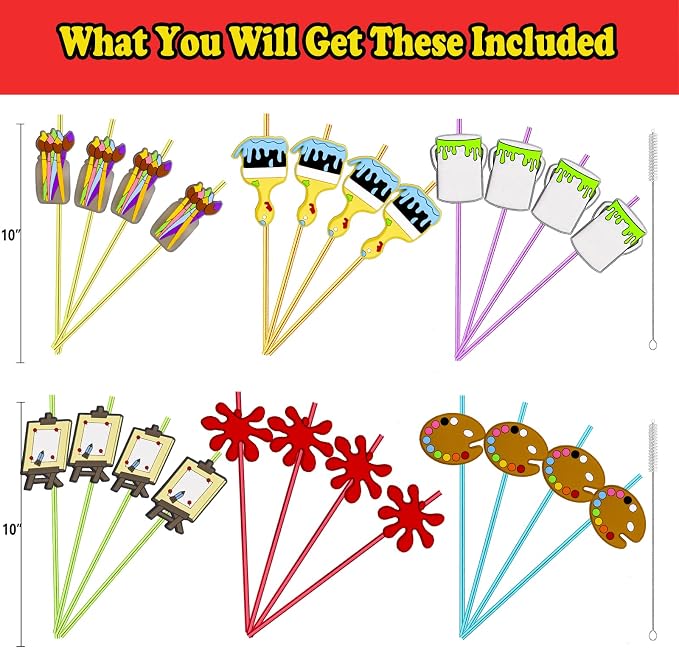 24pcs Art Painting Character Cocktail Drink Straws and Brushes Pad Paint Birthday Party Supplies Decorations, Welcome Back to School Art Painting Party Favors with 2 Cleaning Brushes 6 Colors Straws