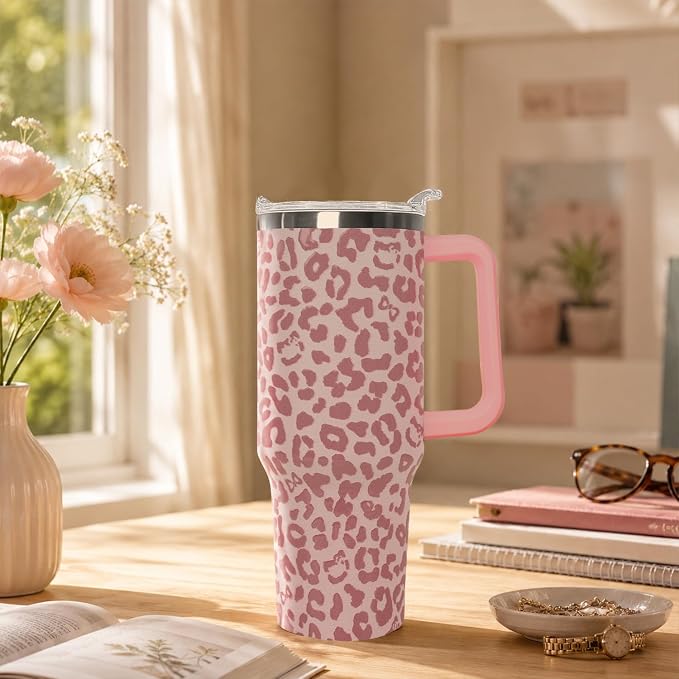 Ceovfoi 40oz Pink Leopard Print Insulated Tumbler with Handle, Travel Coffee Mug with Lid Straw, Trendy Y2K Animal Print Decor & Fashion Gift
