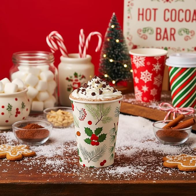 Gerrii 100 Set Christmas Paper Cups Disposable 12 oz with Lids Hot Chocolate Cups Coffee Cups Holiday Hot Cups for Hot and Cold Drinks Tea Water Bar Supplies Winter Season(Pretty Style)