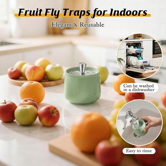 Ceramic Fruit Fly Trap for Indoors, Reusable Kitchen Fly Catcher with Stainless Steel Vent Lid, Uses Safe & Natural Vinegar Bait Trap, Dishwasher Safe, Easy to Use(Green,1 Pack)