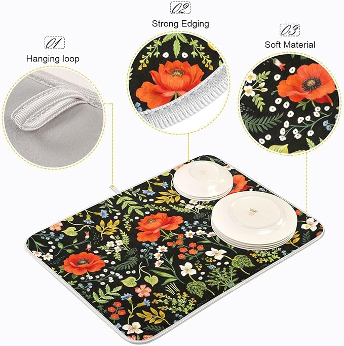 Colorful Floral Absorbent Dishes Drainer/Rack Mat for Countertop Small Size 16 x 18, Microfiber Dish Drying Pads Kitchen Counter Draining Pad