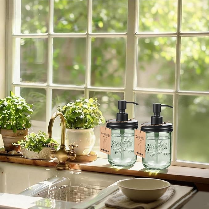 SheeChung 6Pcs Clear Bathroom Accessories Set, Toothbrush Qtip Holder & 2 Pack Green Glass Soap Dispenser, Kitchen Dish Soap Dispenser, Refillable, Black Bathroom Decor