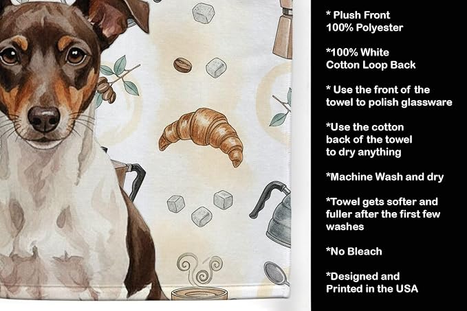 Caroline's Treasures Chocolate and White Rat Terrier Coffee Bar Kitchen Towel Velour Plush Front and Cotton Loop Back Machine Washable