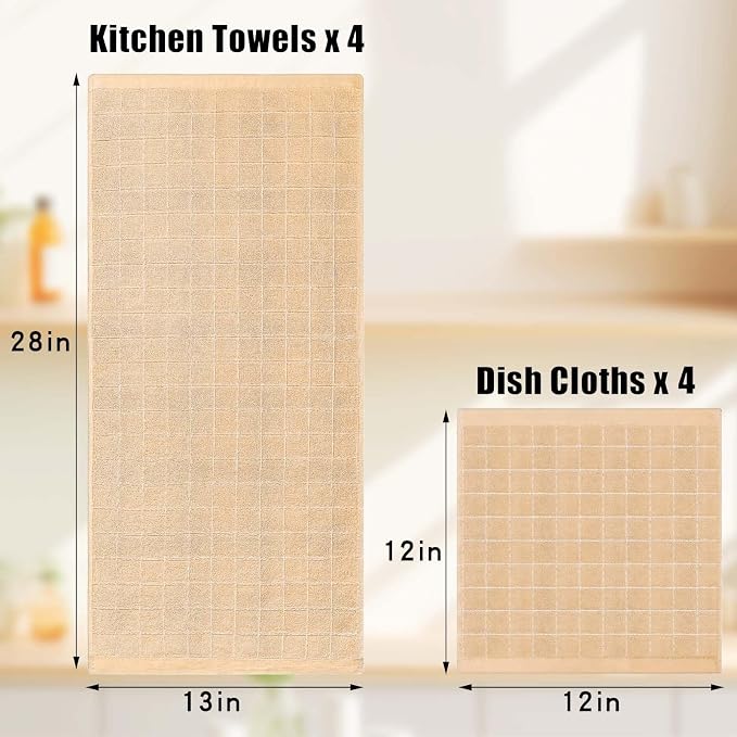 Homaxy Kitchen Towels and Dishcloths Set, 12 x 12 and 13 x 28 Inches, Set of 8 Bulk Cotton Terry Kitchen Towels Set, Checkered Designed, Soft and Super Absorbent Dish Towels, Apricot