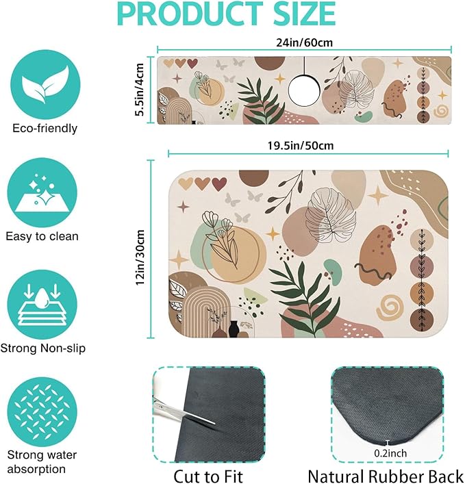 Dish Drying Mat for Kitchen Counter Matt, 2PCS 19"x12" Dish Drainer Mat & 24"x5.5" Sink Splash Guard, Super Absorbent Non-slip Rubber Backed