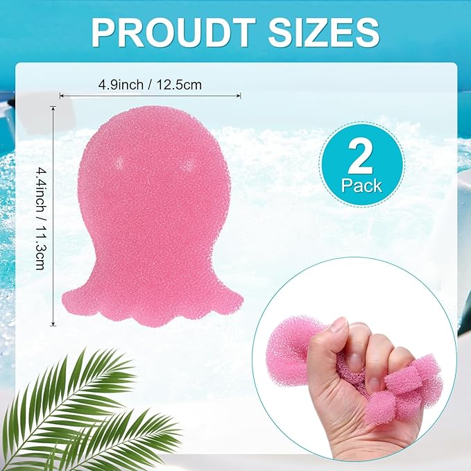 M METERXITY 2-Pack Hot Tub Scum Absorber, 12.5x11.3 Cm/4.9x4.4 Inch Sponge Octopus Pattern Scum Balls for Spa, Bathtub and Swimming Pool to Soak Up Oils Bathtub Accessories [Pink]