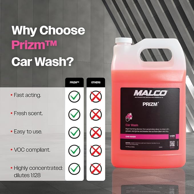 Malco Prizm Car Wash – Hard-Working, High-Foaming Automotive Cleaner/Formulated to Remove Soils and Rinse Away Cleanly/Excellent Cleaning Performance and Value / 1 Gallon (123201)