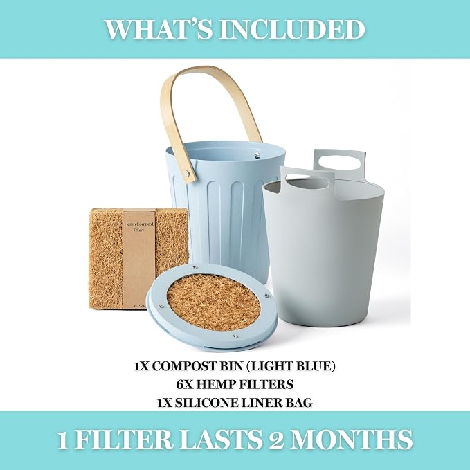 Martha Stewart Indoor Compost Bin Starter Bundle | Countertop Composting Bucket for Kitchen | .7 Gallon Capacity | Includes 6 Filters and Silicone Liner Bag | Plant Based Materials | Light Blue