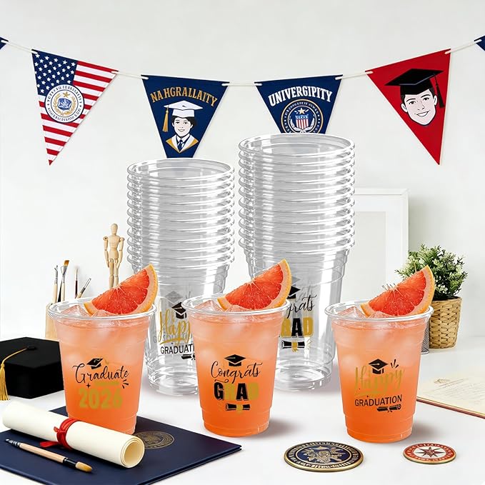 100 Pack Graduation Plastic Cups 12 oz Gold Disposable Class of 2026 Decorations Graduation Party Favor Drinking Beverage Cup for Party Supplies Decorations
