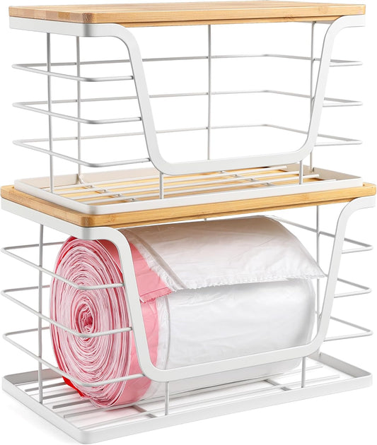 ALOCEO 2 Pack Extra Large Trash Bag Holder with Bamboo Top, Wall Mount Stainless Steel Organization and Storage for Kitchen Sink, White