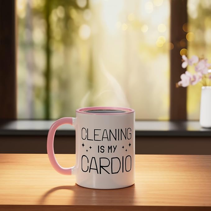 Neat Freak I Cleaning Is My Cardio I Neat Freak Ceramic Mug, Pink/White